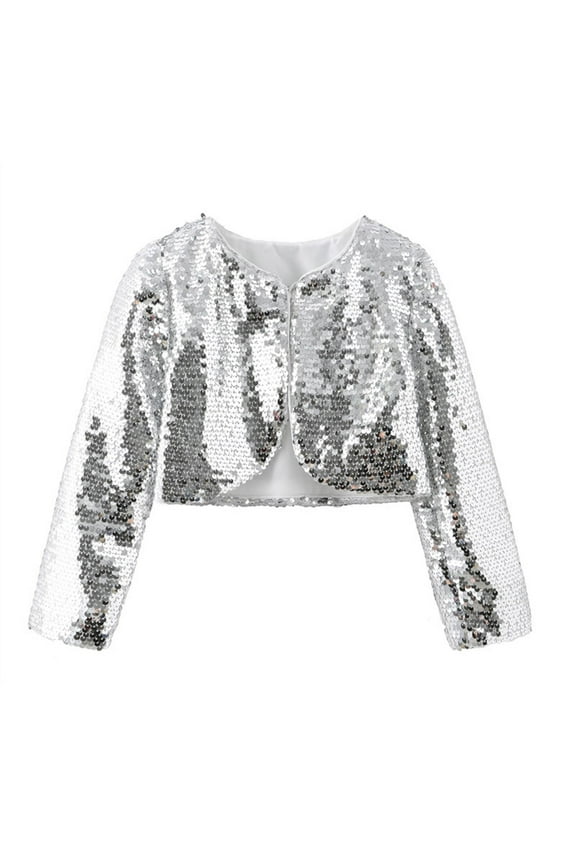 Girls Casual Jackets Children's Crop Coat Performance Wear Glitter Sequin Model Catwalk Cape Coat Party Wear Regular Tops 4-5 Y