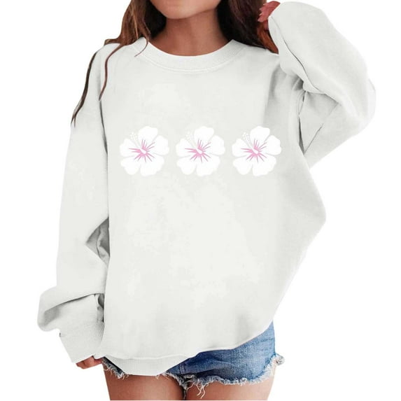 Tiweut Girls Casual Sweatshirts and Blouses Kids Floral Graphic Long Sleeve Crew Neck Toddler Pullover Relaxed Fit Clothes 12-13 Y