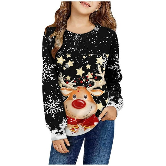 Tiweut Girls' Leisure Sweatshirts Fall Christmas Winter Round Neck Long Sleeve Cartoon Printed Girl Top 3-4 Y