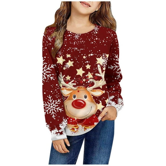 Tiweut Girls' Leisure Sweatshirts Fall Christmas Winter Round Neck Long Sleeve Cartoon Printed Girl Top 9-10 Y