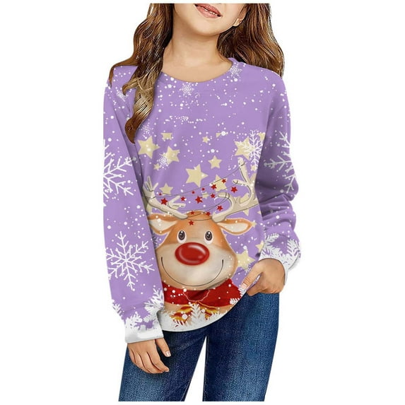 Tiweut Girls' Leisure Sweatshirts Fall Christmas Winter Round Neck Long Sleeve Cartoon Printed Girl Top 9-10 Y