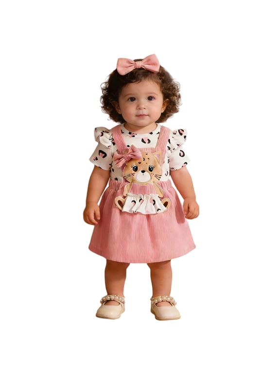 Girls Outfit Set 3 Piece Infant Short Sleeve Leopard Print Romper Cartoon Suspender Skirts and Headband Clothing,12-18 M