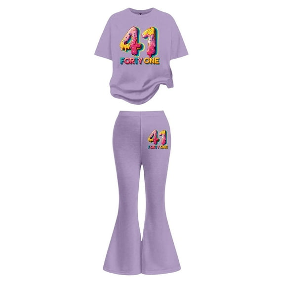 Tiweut Girls Outfits 41 Print Flared Pants and Short Sleeve T Shirts Kid Streetwear Set,11-12 Y