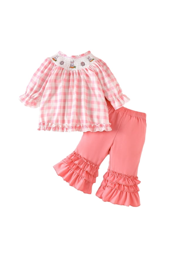 Girls Outfits Easter Long Sleeve Plaid T Shirt Tops Flared Pants Kids Clothes Set,6-12 M
