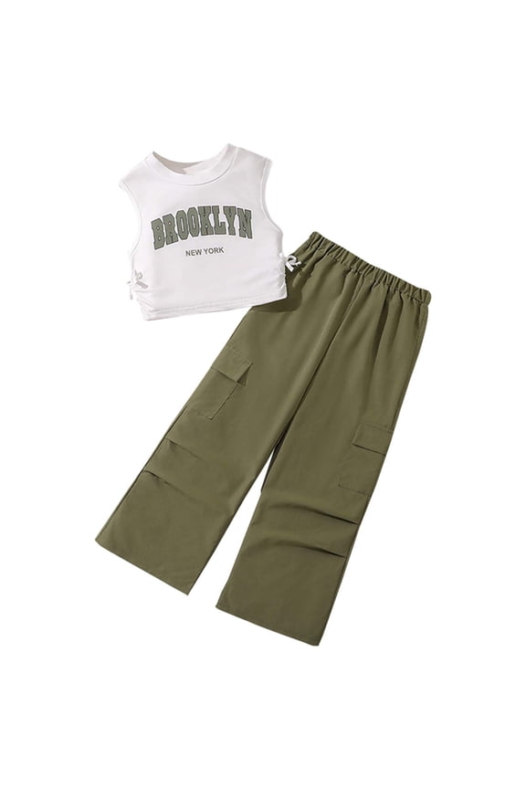 Girls Outfits Set Summer Sleeveless Round Neck Letter Print Tank Top and Pants Set Big Kids Clothing Suit 8-9 Y