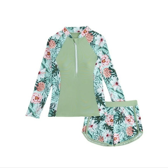 Tiweut Girls' Rash Guard Sets 2 Piece Zipper Bathing Suits with Shorts Kids UPF 50 Summer Beach Swimwear,Light Green