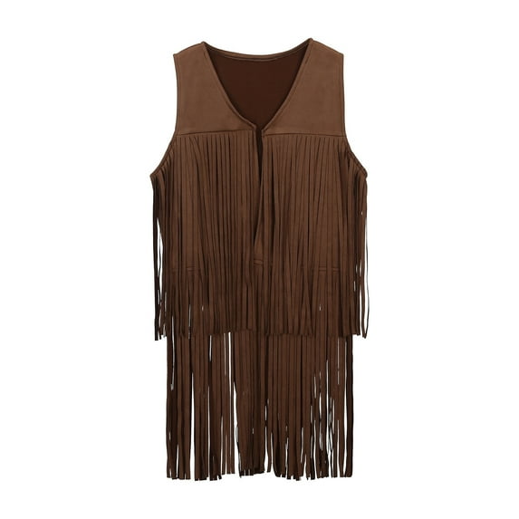 Tiweut Girls's Halloween Leisure Tops Boys Western Cowboy Open Front Sleeveless V Neck Vest Party Dress Up Tassel Coat for Girl,Z1 Brown,5-6 Y