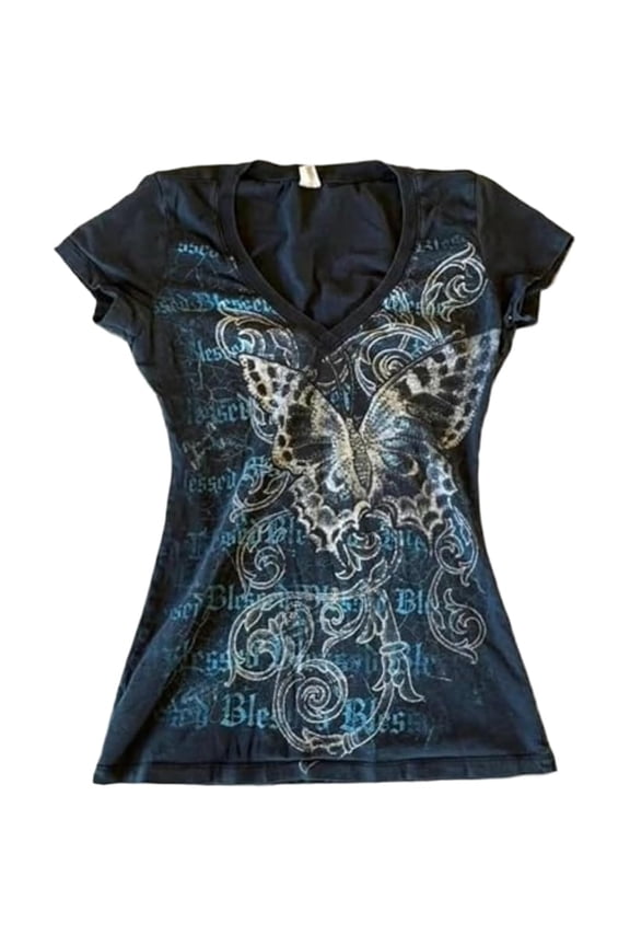 Grunge Shirts Emo Clothes Teen Girls Vintage Graphic Tee Y2k 2000s Goth Top Women Mcbling Short Sleeve Streetwear,Black,L