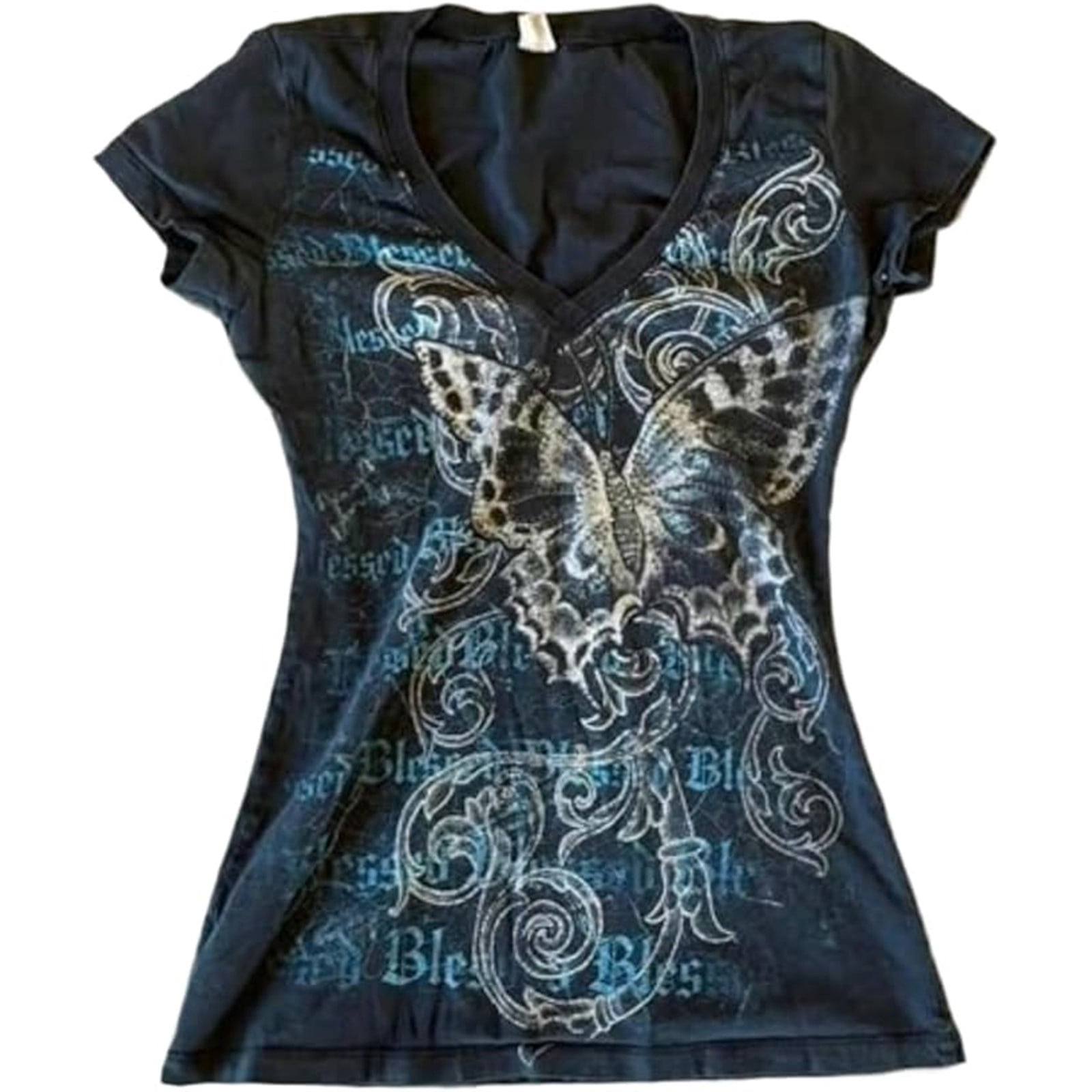 Grunge Shirts Emo Clothes Teen Girls Vintage Graphic Tee Y2k 2000s Goth Top Women Mcbling Short Sleeve Streetwear,Black,M