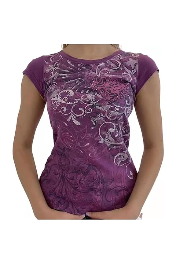 Grunge Tshirts Teen Girls Vintage Graphic Tee Y2k 2000s Goth Top Women Mcbling Short Sleeve Streetwear,Purple