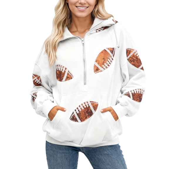 Tiweut Half Zip Hooded Sweatshirt Sequin Football Printed Hoodies For Women Athletic Casual Hoodie Pullover Sport Tops Daily Travel Wear,White,2XL