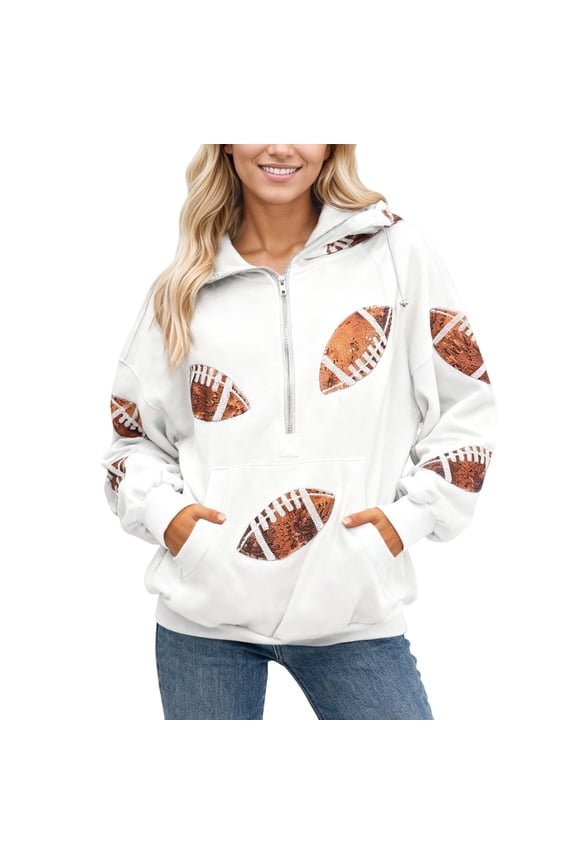 Half Zip Hooded Sweatshirt Sequin Football Printed Hoodies For Women Athletic Casual Hoodie Pullover Sport Tops Daily Travel Wear,White,S