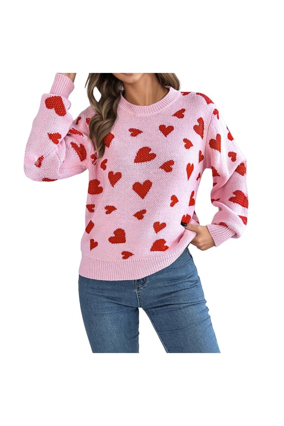 Heart Sweater for Women Valentines Day Cute Love Print Casual Crewneck Long Sleeve Pullover Knitted Sweaters Tops,Pink,S