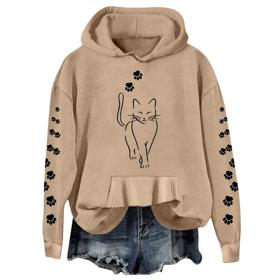Tiweut Hoodies for Women Cute Cat Graphic Floral Printed Long Sleeve Loose Fit Sweatshirts Pullover Blouses Relaxed Fit Ladies Tops,Z1 Khaki,XXL