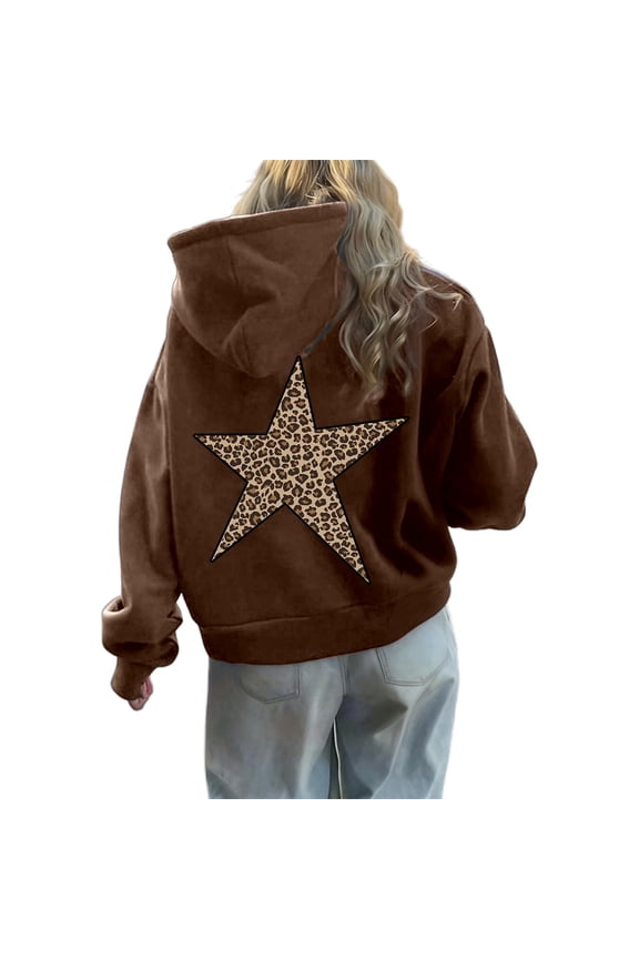 Hoodies for Womens Y2k Oversized Star Leopard Print Sweatshirts Cheetah Graphic Hooded Hoodie,Coffee,L