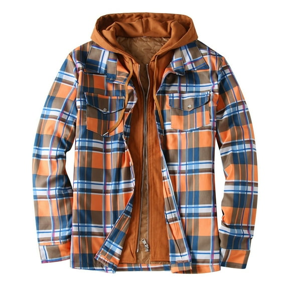 Tiweut Jackets for Mens Mens Fall and Winter Plaid Lapel Pocket Hooded Padded Loose Shirt Top Jacket Tops Orange,L