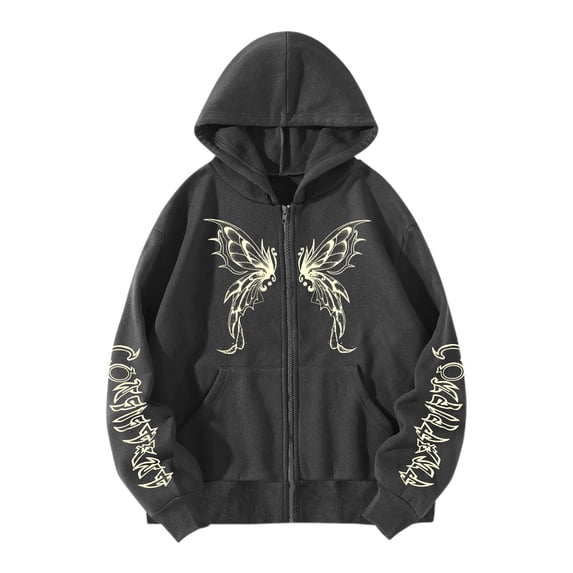 Tiweut Jackets for Womens Butterfly Print Y2K Pullover Oversized Gothic Hop Long Sleeve Hooded Loose Fit Sweatshirt Regular Tops Grey,2XL