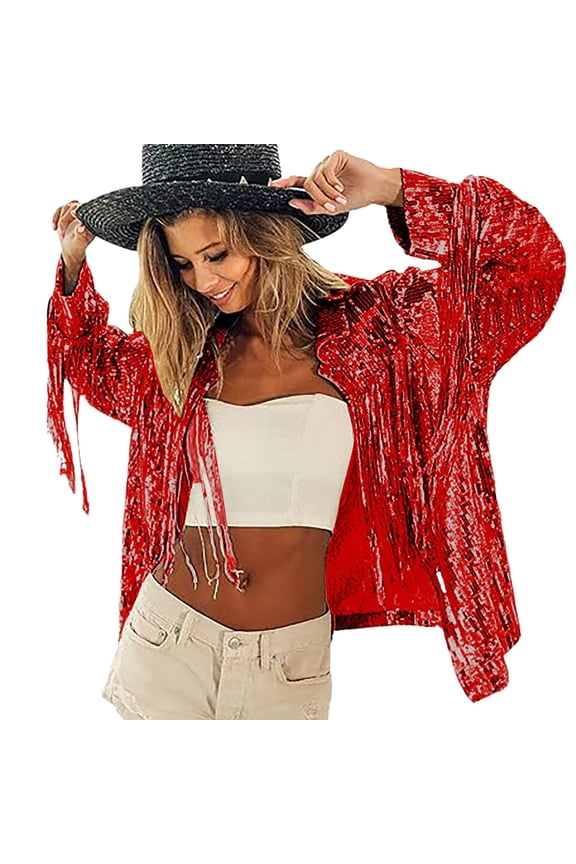 Jackets for Womens Fringe Disco Theme Fashion Sequins Tassel Long Sleeve Party Gown Outwear Tops Red,One Size