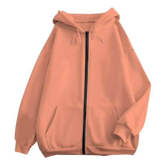 Tiweut Jackets for Womens Long Sleeve Hooded Zipper Drawstring Pure Color with Pocket Relaxed Fit Blouses Z1 Orange,XL
