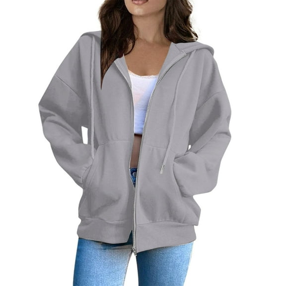 Tiweut Jackets for Womens Solid Color Hooded Zipper Hoodie Long Sleeve Loose Fit Tops GY1,XL