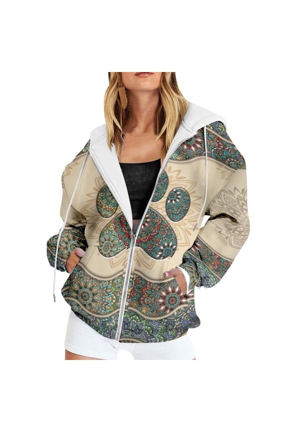 Jackets for Womens Zip Up Footprint Floral Graphic Long Sleeve Hooded Loose Fit Fleece Pullover Outerwear Streetwear Regular Tops,OTHER,L
