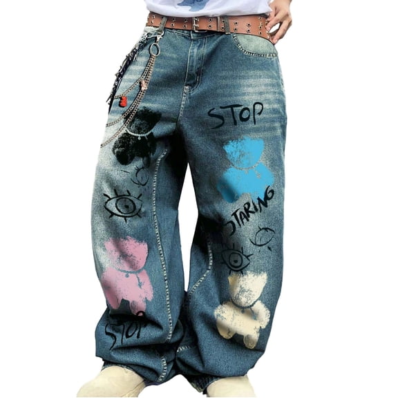 Tiweut Jeans Men Graphic Bear Y2k Wide Leg with Metal Chain Design Streetwear for Skater Denim Pants,Blue