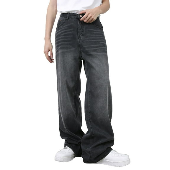 Tiweut Jeans for Men Mens Washed Denim Pants Long Wide Leg High Waist Loose Fit Thin Trousers for Man Grey,L