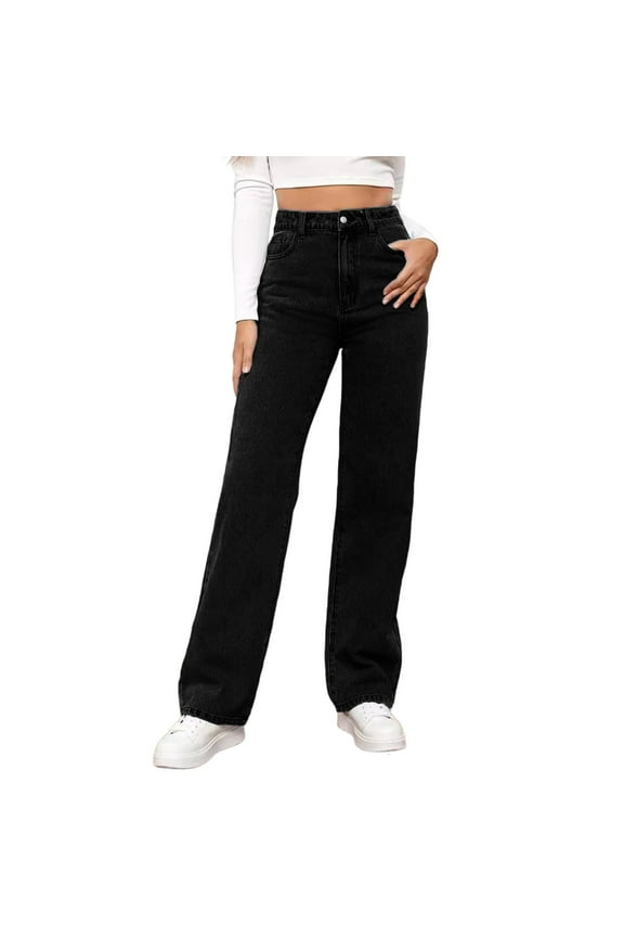 Jeans for Women Fashion Solid Color Loose Fit Button Denim Pants Washed Polished Waist Ripped with Pockets Relaxed Fit Trousers Black,M