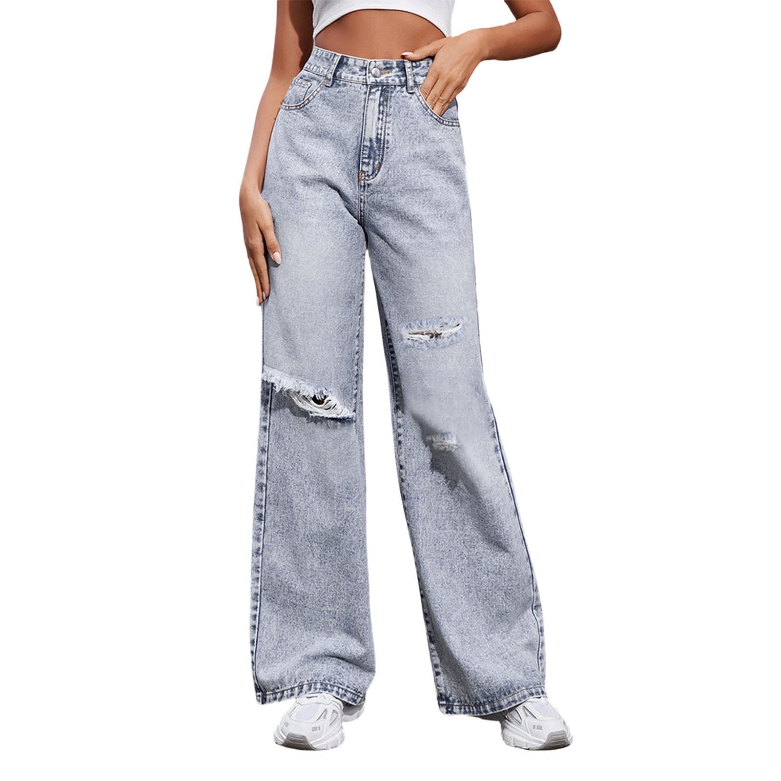 Tiweut Jeans for Women Ripped Straight Leg Denim Long Pants Wide