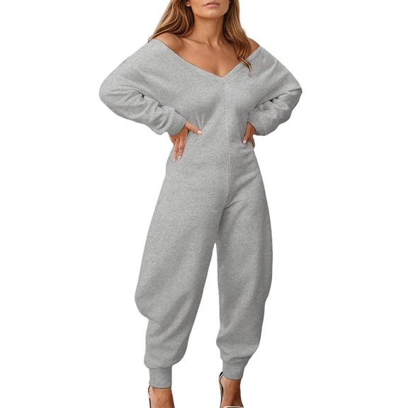 Tiweut Jumpsuit for Women Solid Color Sweatshirt Long Sleeve V Neck Romper Elegant Loose Fit Trousers,Grey,S