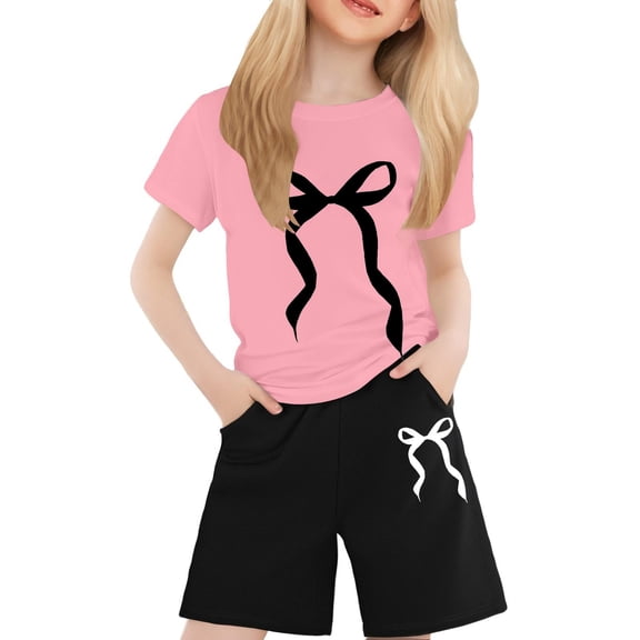 Tiweut Kid Outfits Summer Bow Print T Shirt and Shorts 2 Piece Clothing Set