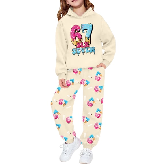 Tiweut Kids 67 Ice Cream Clothes Set Six Seven Baseball Hoodie and Pants Set Cute Preppy 2 Piece Outfit for Boy Girl,Beige,11-12 Y