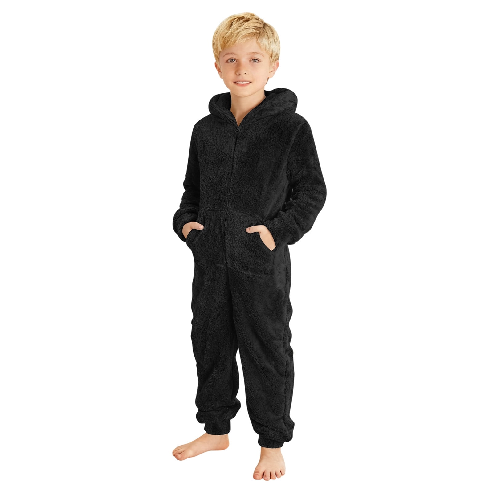 Tiweut Kids Onesie Pajamas Jumpsuit Boys Girls Warm Sherpa Lined Romper Zipper Hooded Cute Playsuit Sleepwear,Black,2Y