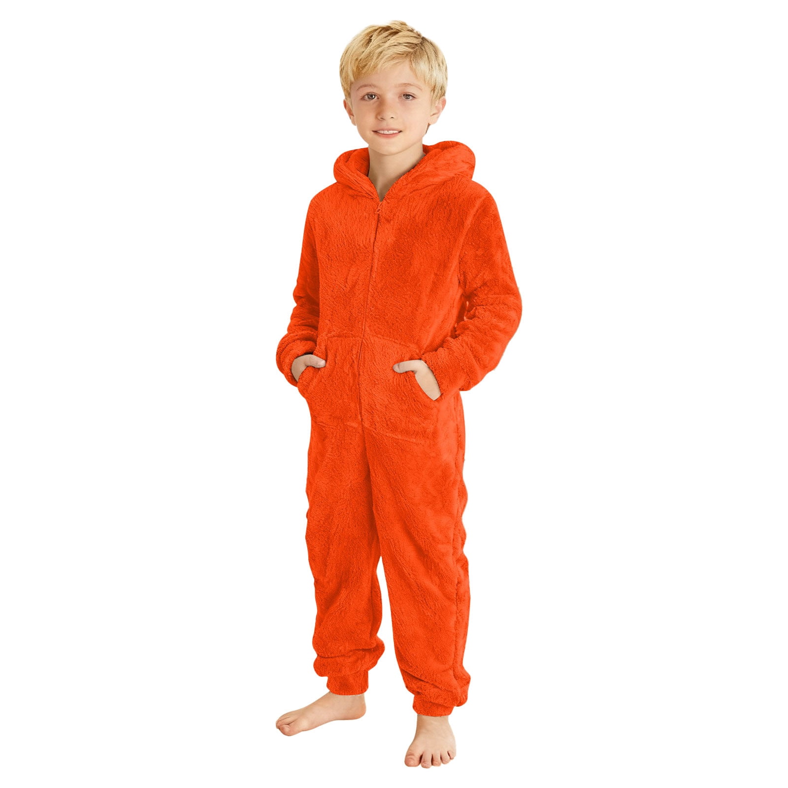 Tiweut Kids Onesie Pajamas Jumpsuit Boys Girls Warm Sherpa Lined Romper Zipper Hooded Cute Playsuit Sleepwear,Orange,6Y