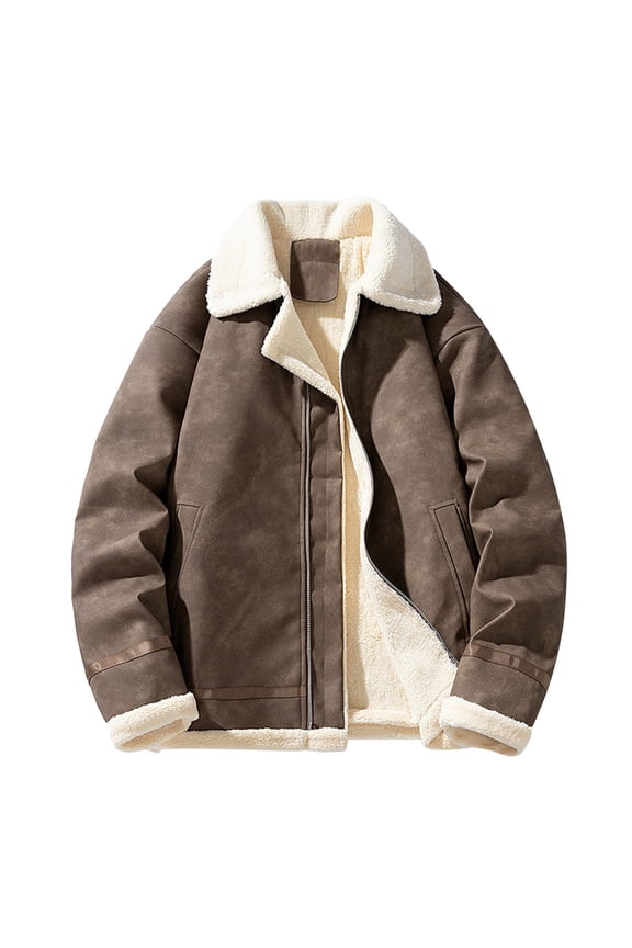 Leather Jackets for Men Stylish PU Leather Long Sleeve Lapel Fleece Lined Windproof Coats Winter Youth Outerwear Clothing Coffee,M