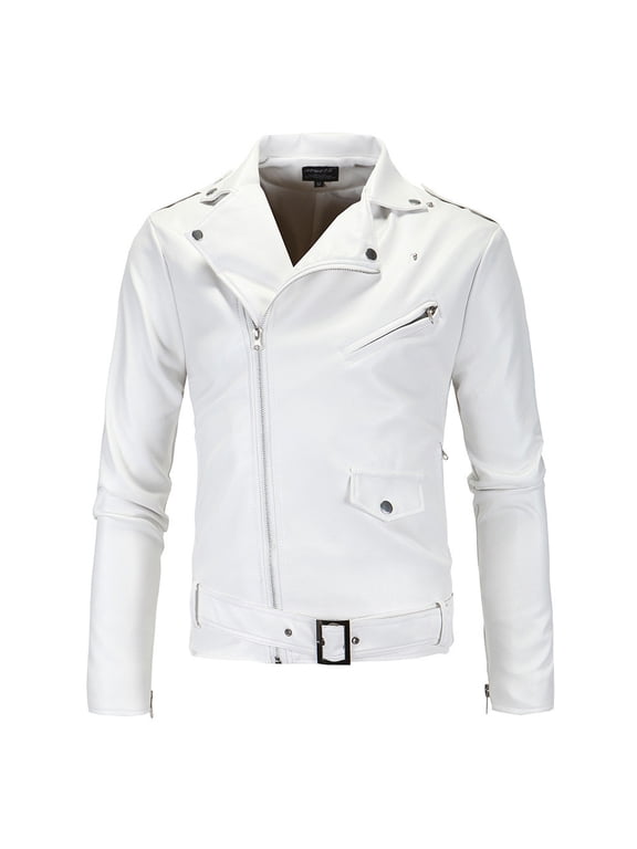 Leather Jackets for Mens Mens Long Sleeve Lapel Zipper Rock Motorcycle Retro Hide Slim Fit Coat Tops White,XL
