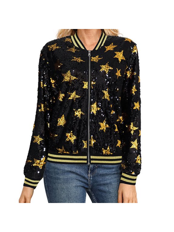 Leisure Baseball Jackets for Womens Ladies Carnival Long Sleeve Zipper Stars Print Fashion Shining Loose Fit Coat Blouses Gold,M