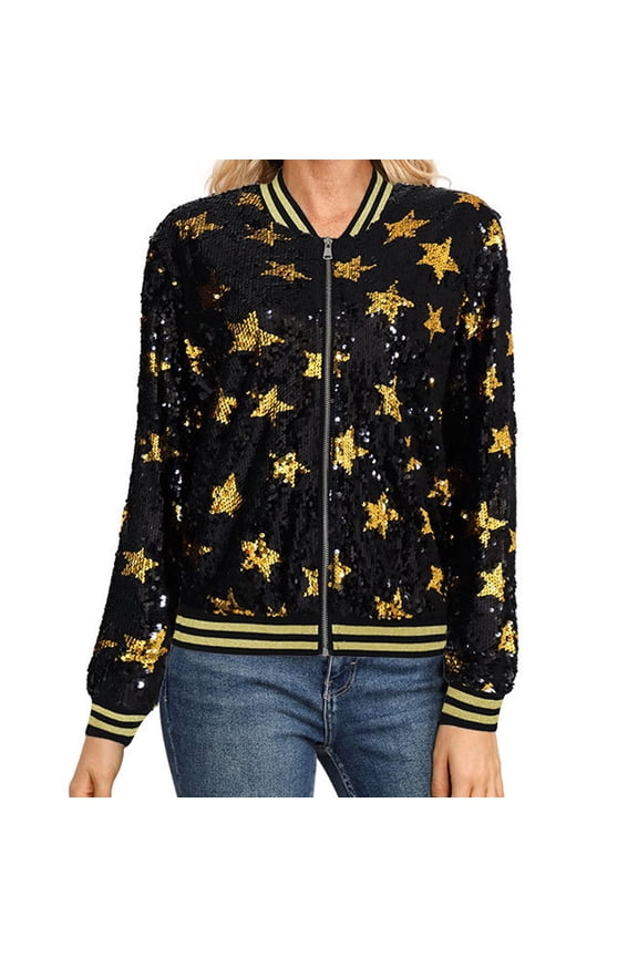 Leisure Baseball Jackets for Womens Ladies Carnival Long Sleeve Zipper Stars Print Fashion Shining Loose Fit Coat Blouses Gold,S