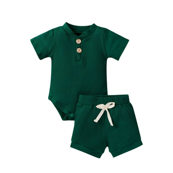 Tiweut Leisure Boys Outfits Summer Toddler Short Sleeve Round Neck Solid Color Rompers and Shorts Child Kids Suits for Boy 12-18 M