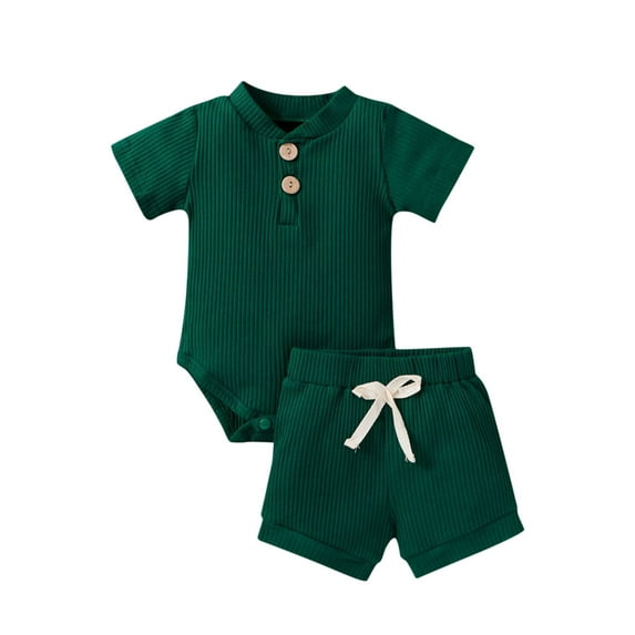 Tiweut Leisure Boys Outfits Summer Toddler Short Sleeve Round Neck Solid Color Rompers and Shorts Child Kids Suits for Boy 6-9 M