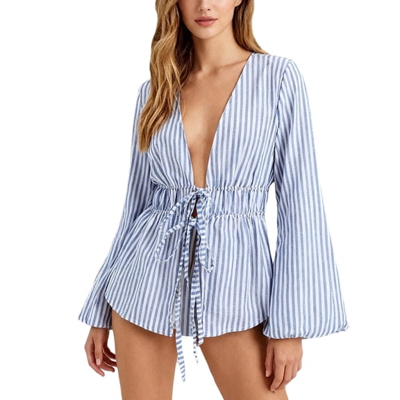 Tiweut Leisure Cardigan Womens Cardigan Striped Long Sleeve Shirt Tie Front Elegant Wrap Lightweight Tops Blue,M