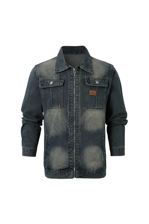 Leisure Denim Jackets for Mens Mens Washed Distressed Slim Fit Long Sleeve Lapel Zipper Coat Outdoor Wear Blouses Blue,L