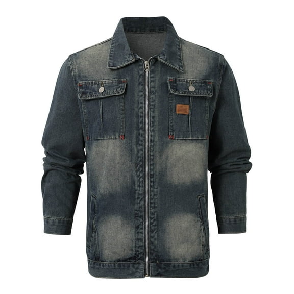 Tiweut Leisure Denim Jackets for Mens Mens Washed Distressed Slim Fit Long Sleeve Lapel Zipper Coat Outdoor Wear Blouses Blue,XL
