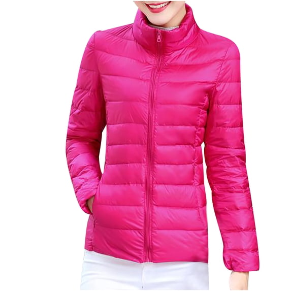 Tiweut Leisure Down Jackets for Womens Outwear Solid Color Long Sleeve Zipper Keep Warm Ladies Slim Fit Coat Blouses Hot Pink,M