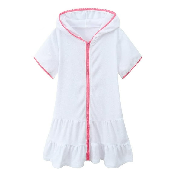 Tiweut Leisure Dresses for Girls Swim Cover Up Kids Swimsuit Coverup Zip Up Beach Bathing Suit Hooded Short Sleeve Girl Dress 3-4 Y