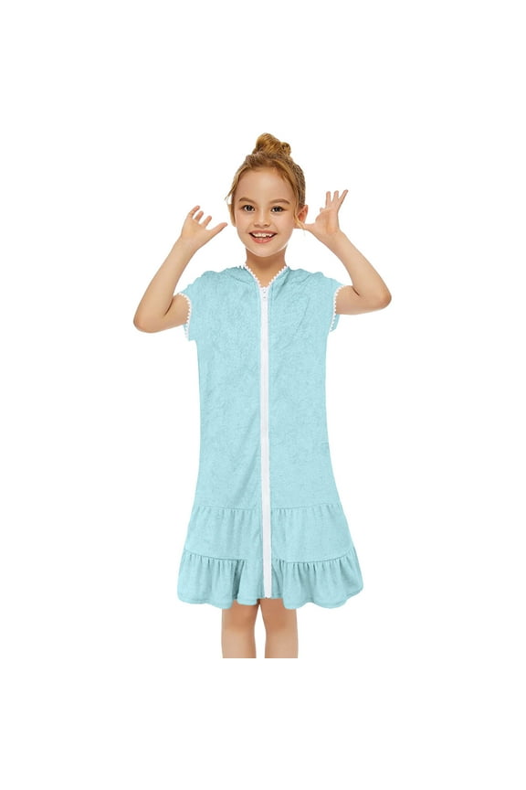 Leisure Dresses for Girls Swim Cover Up Kids Swimsuit Coverup Zip Up Beach Bathing Suit Hooded Short Sleeve Girl Dress 8-9 Y