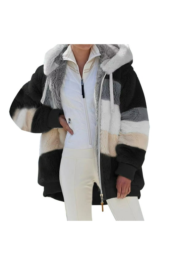 Leisure Jackets for Womens Long Sleeve Hooded Color Block Drawstring Outdoor Coat Blouses Black,L