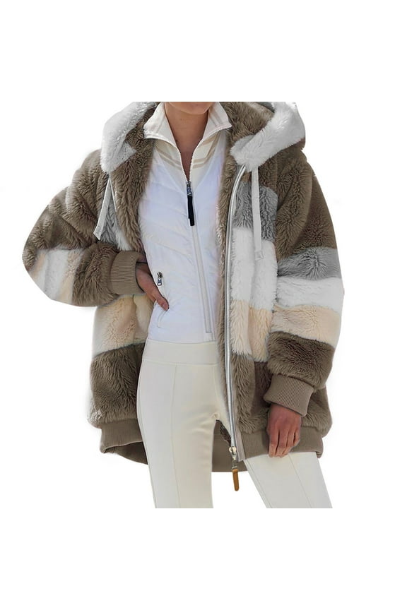 Leisure Jackets for Womens Long Sleeve Hooded Color Block Drawstring Outdoor Coat Blouses Brown,S