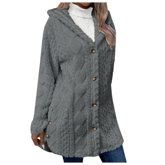Tiweut Leisure Fleece Jackets for Womens Solid Color Long Sleeve Hooded Button Cardigan Cozy Coat Blouses Grey,M