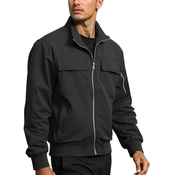Tiweut Leisure Jackets Men Stylish Flight Jacket Daily Wear Loose Fit Zipper Detail Fall and Winter Outfits Outdoor Clothes Black,2XL